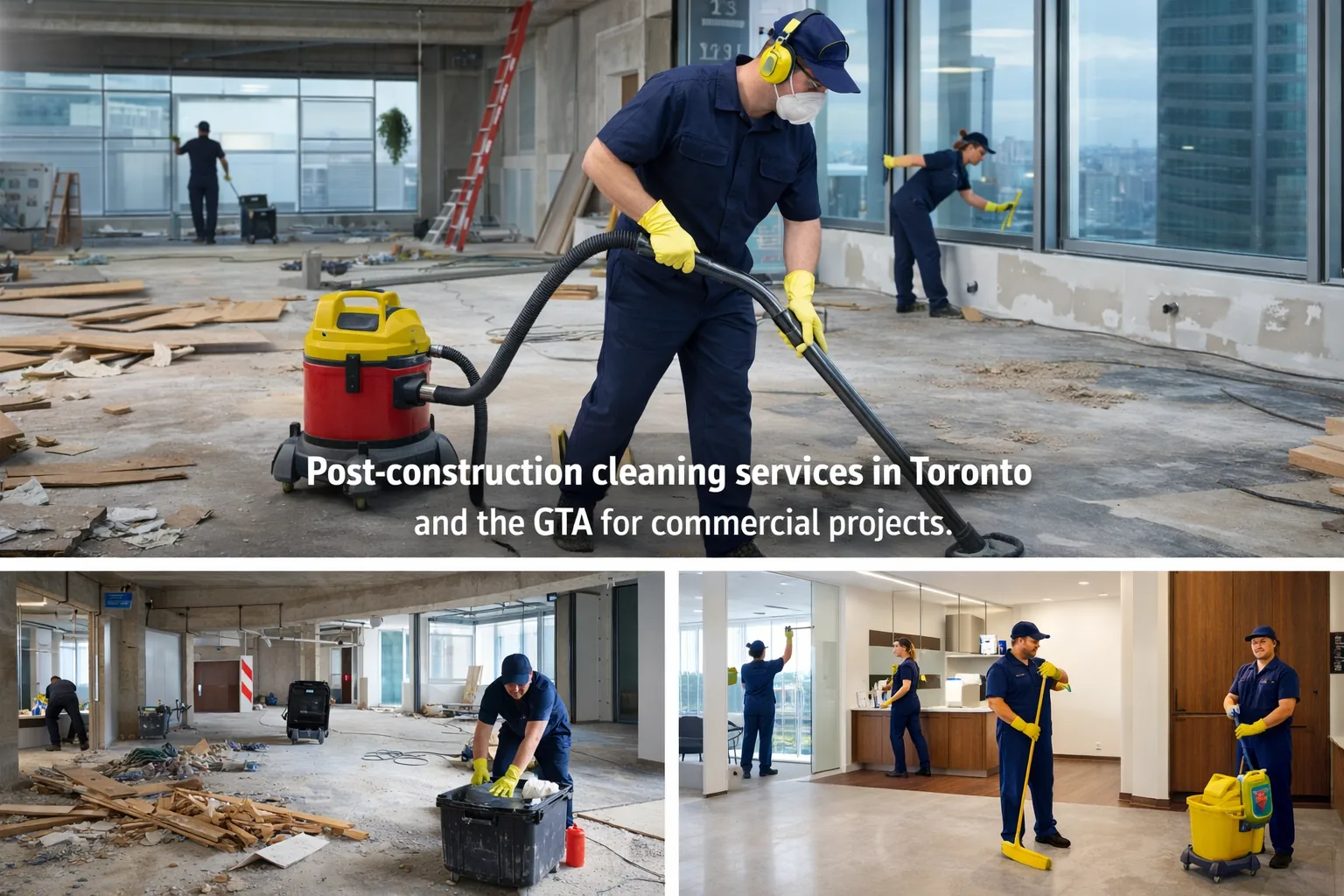 Cleaning crews in navy uniforms vacuuming and sweeping unfinished office space after construction