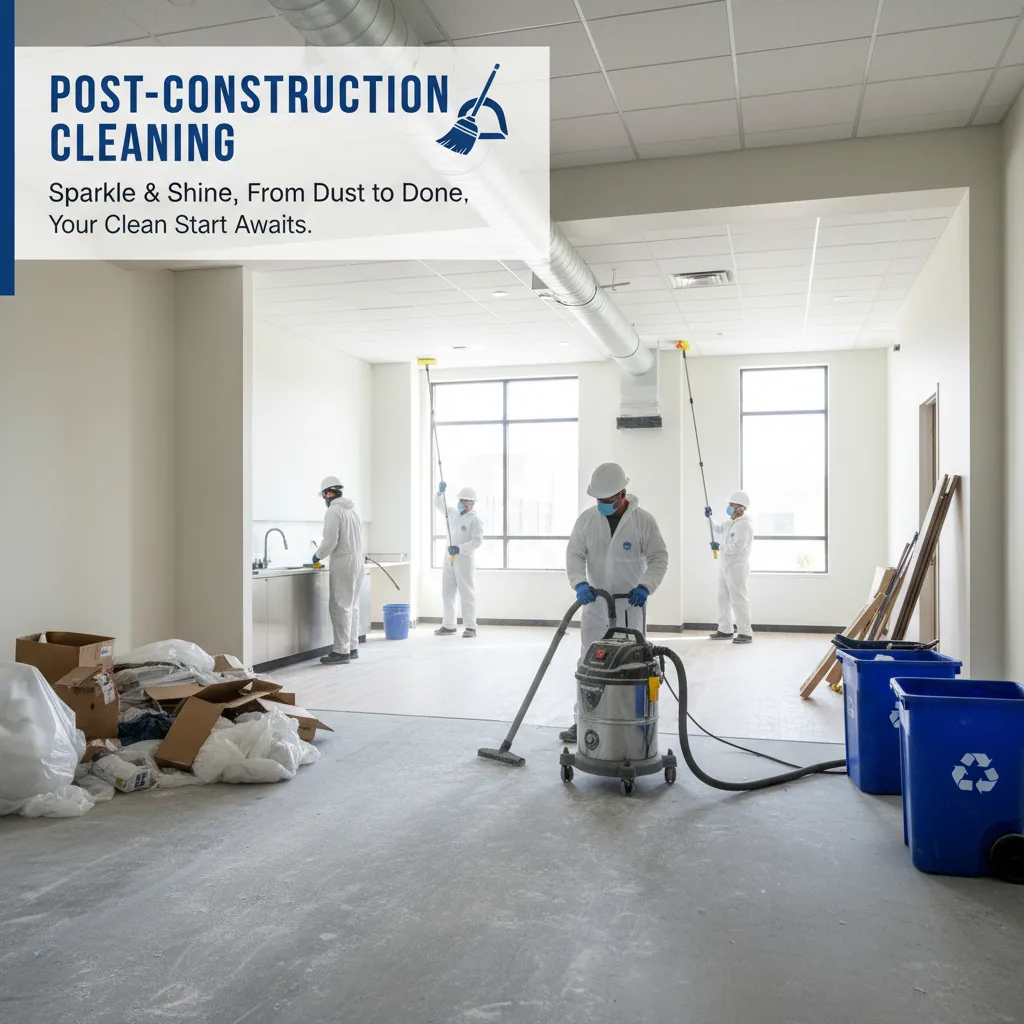Workers in white suits cleaning a newly built interior with a shop vacuum beside recycling bins