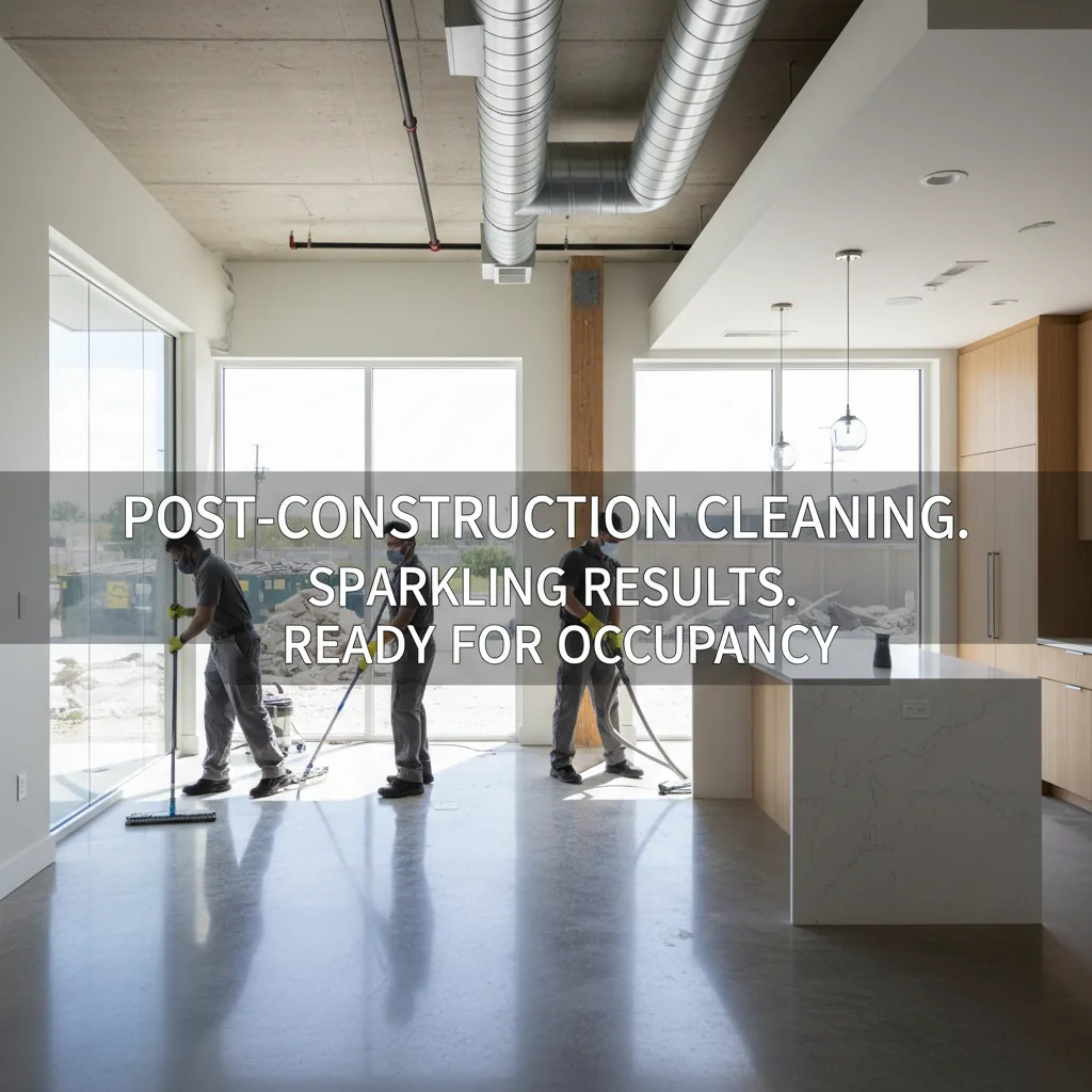 Cleaners at work in a newly built open-plan kitchen and office space