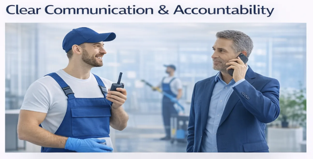 Cleaner holding a radio beside a businessman on the phone, under the heading Clear Communication and Accountability