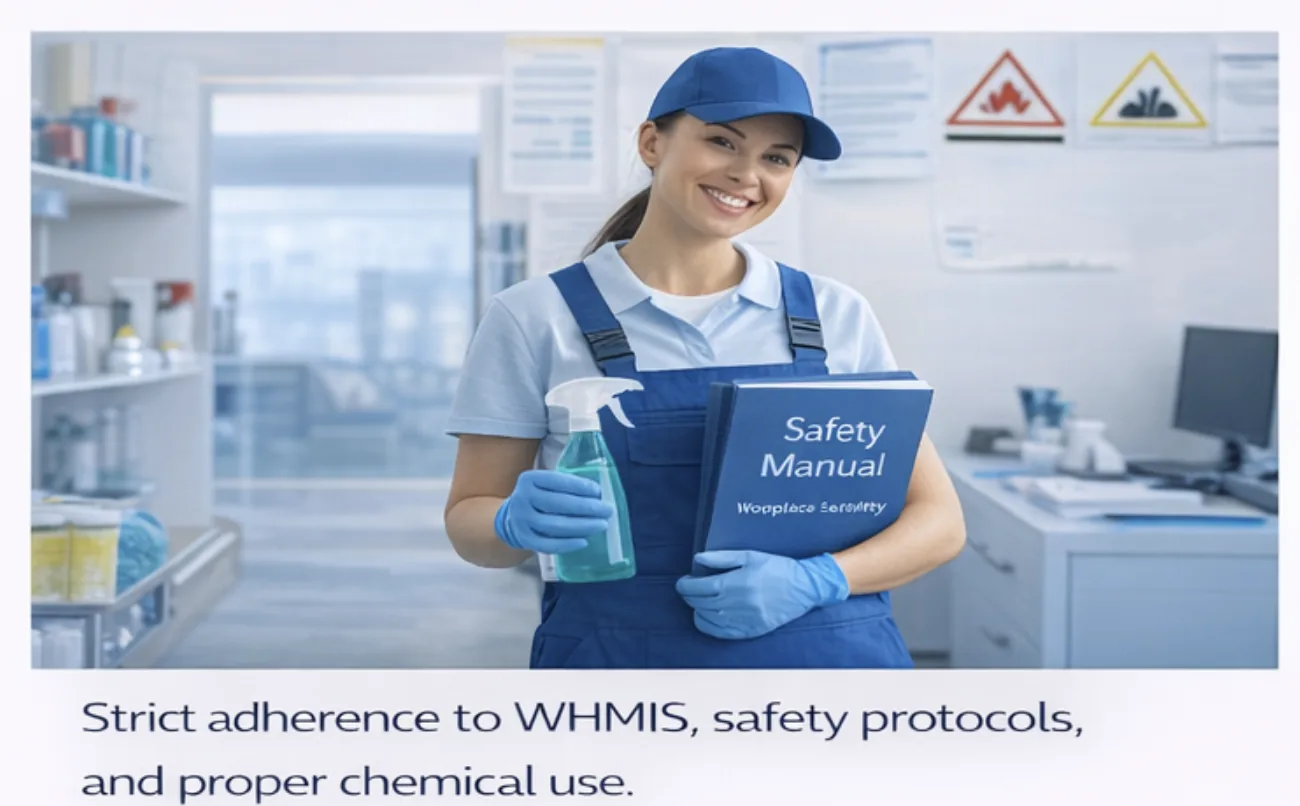Smiling cleaner holding a spray bottle and a safety manual in a lab-style room