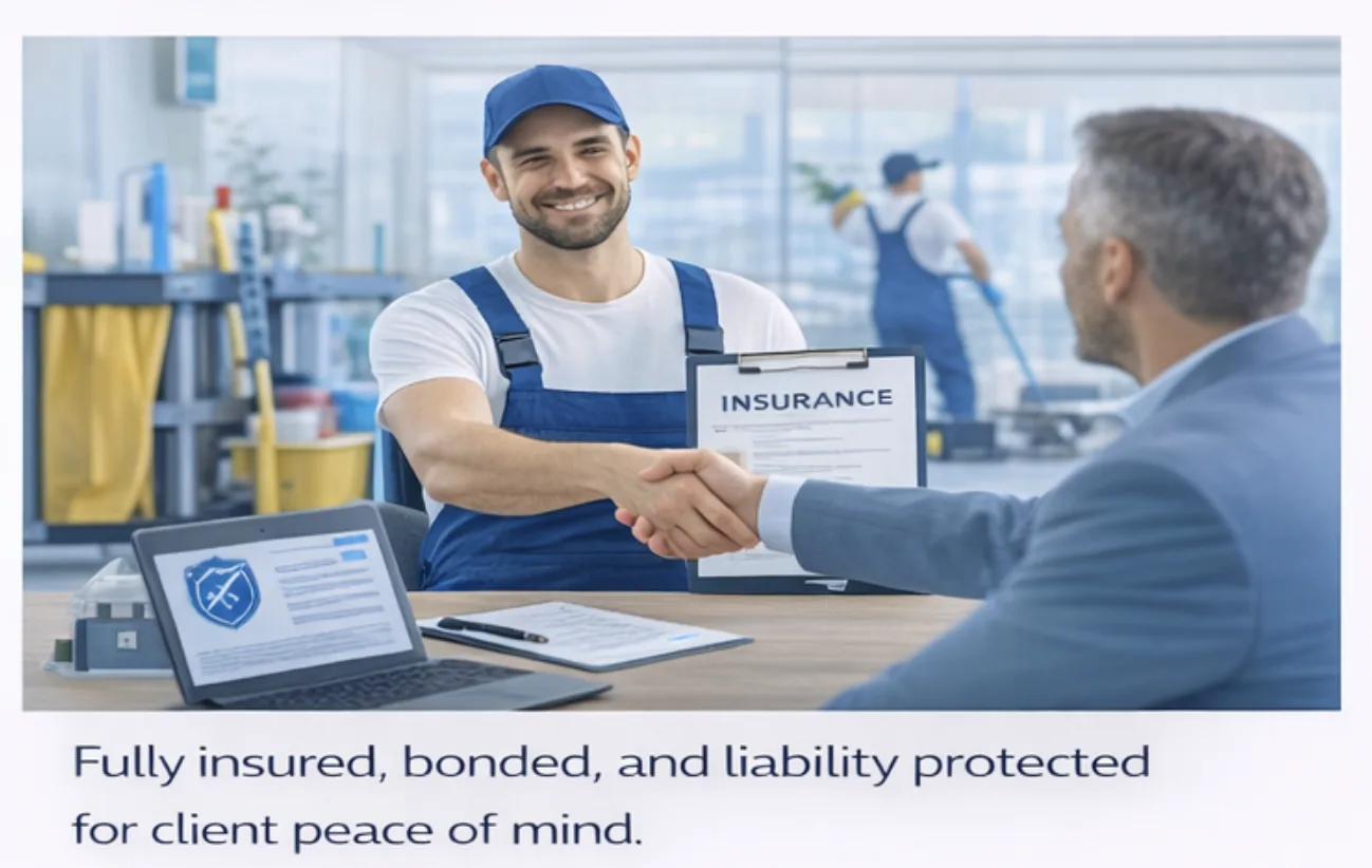 Cleaner shaking hands with a businessman at a desk with a laptop and an insurance document