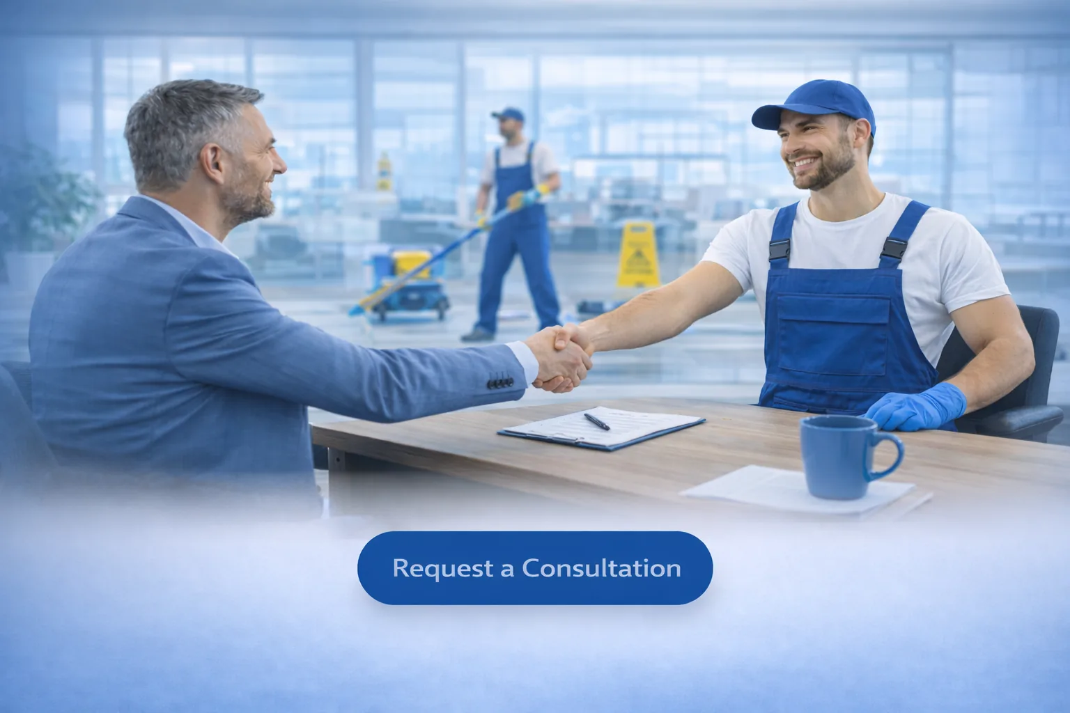 Businessman shaking hands with a cleaner in blue overalls at a desk, with a Request a Consultation button
