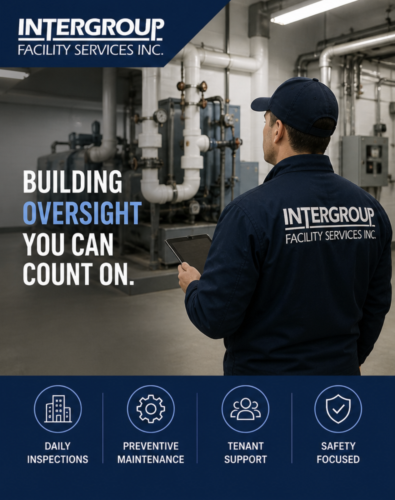 Building superintendent inspecting commercial facility systems and operations in a modern office building, Intergroup Facility Services