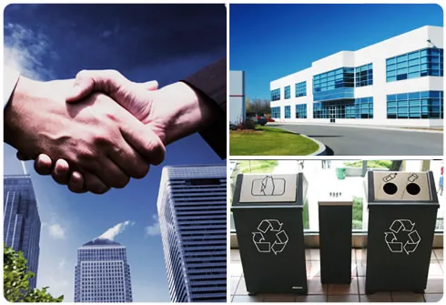 Collage of a handshake, a modern office building and recycling bins
