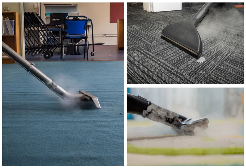 Collage of carpet steam cleaning tools working on blue and grey carpet