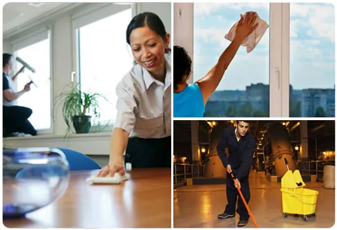 Collage of a cleaner wiping a desk, a window being wiped and a cleaner mopping beside a yellow bucket