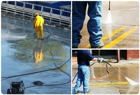 Collage of workers pressure washing wet pavement and yellow-lined concrete