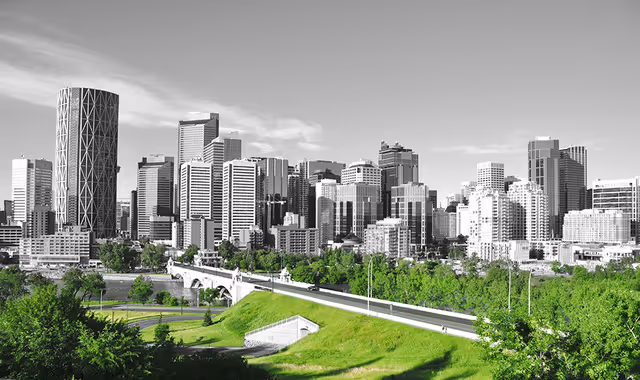 City skyline with modern high-rise buildings behind a green park and a bridge.
