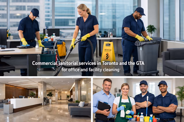 Three janitors cleaning an office space and a commercial lobby photo, alongside a team of four cleaning staff with supplies.