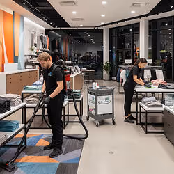 Two retail employees cleaning and organizing clothing displays in a modern store.