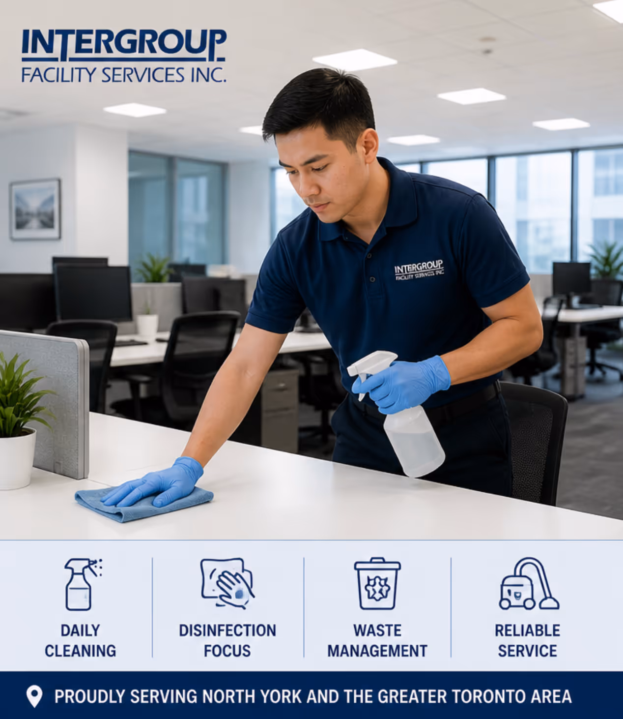Commercial office cleaning and disinfection in North York, Toronto, professional cleaner wiping workstation surfaces