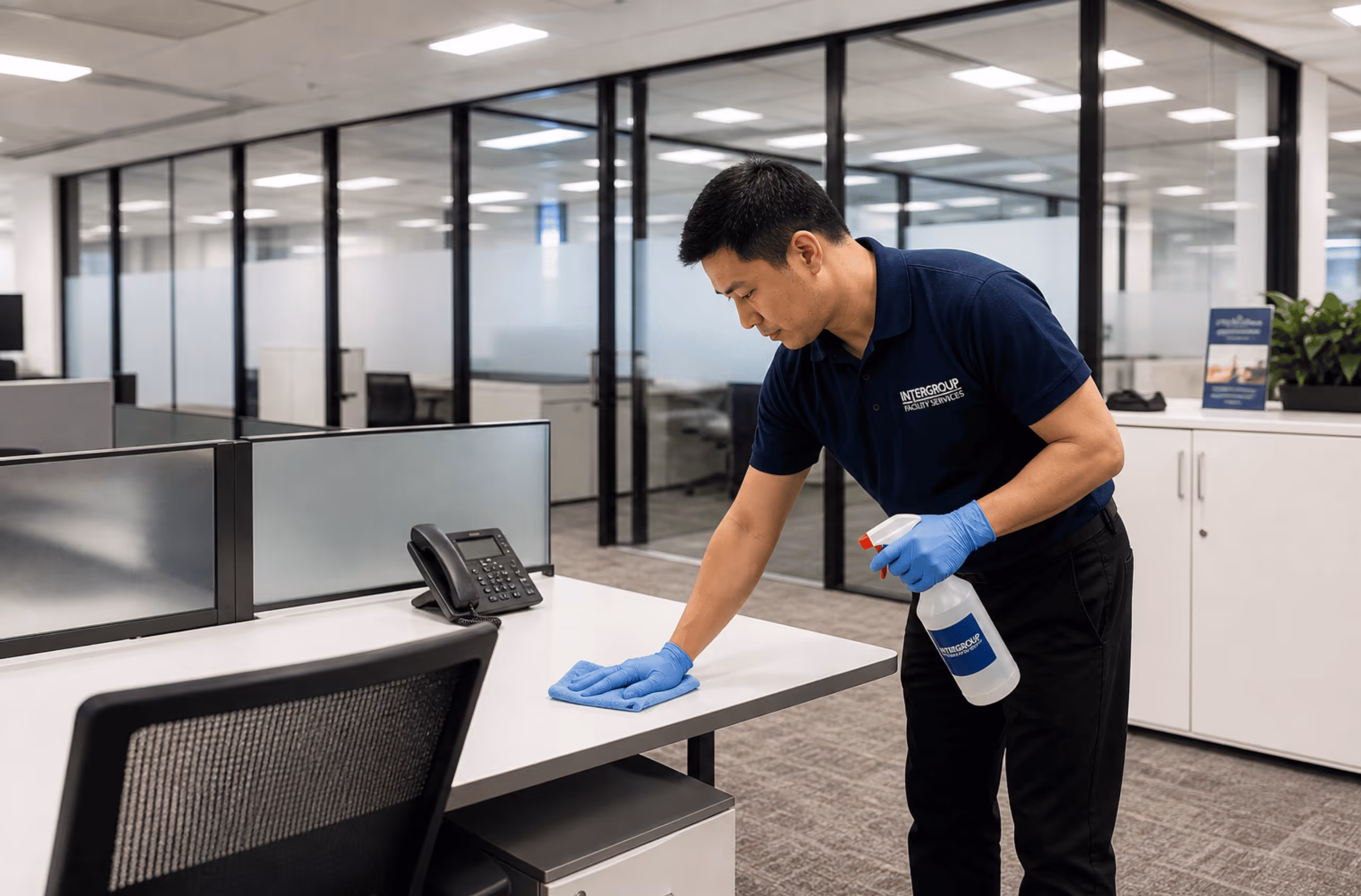 Commercial office cleaning and disinfection in North York, Toronto, professional cleaner wiping workstation surfaces