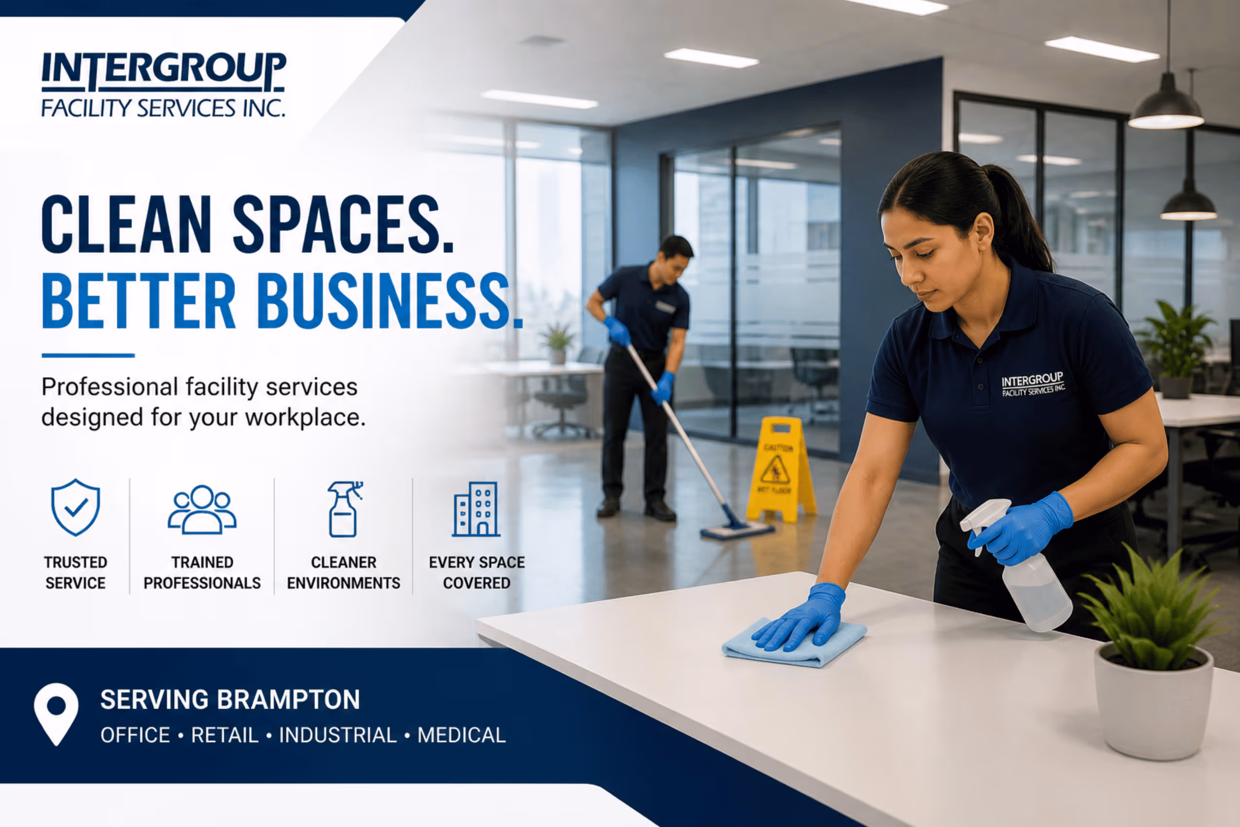Commercial cleaning services in Brampton for offices and industrial facilities, professional cleaners maintaining a modern workspace