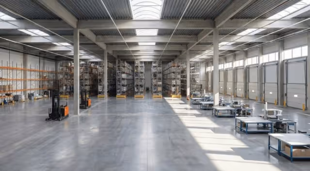 Spacious warehouse interior with concrete floor, tall storage racks, pallet jacks, and loading dock doors along the right wall.