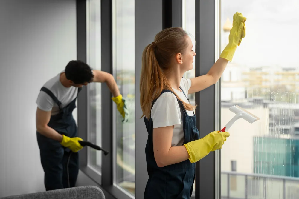 Two window cleaners in yellow gloves wiping floor-to-ceiling windows in an office