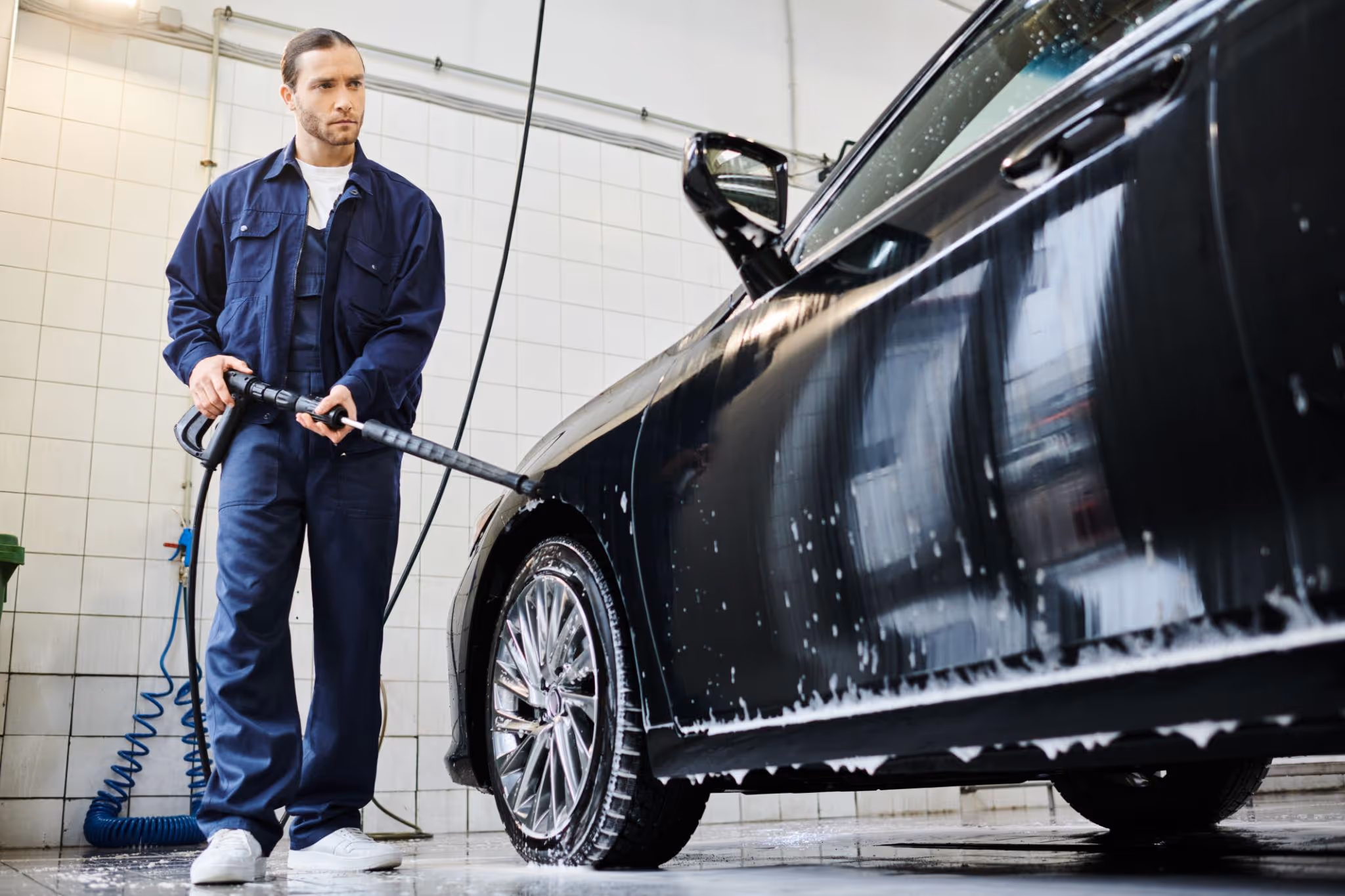 Man in blue coverall washing a black car using a high-pressure water hose in a tiled indoor car wash.