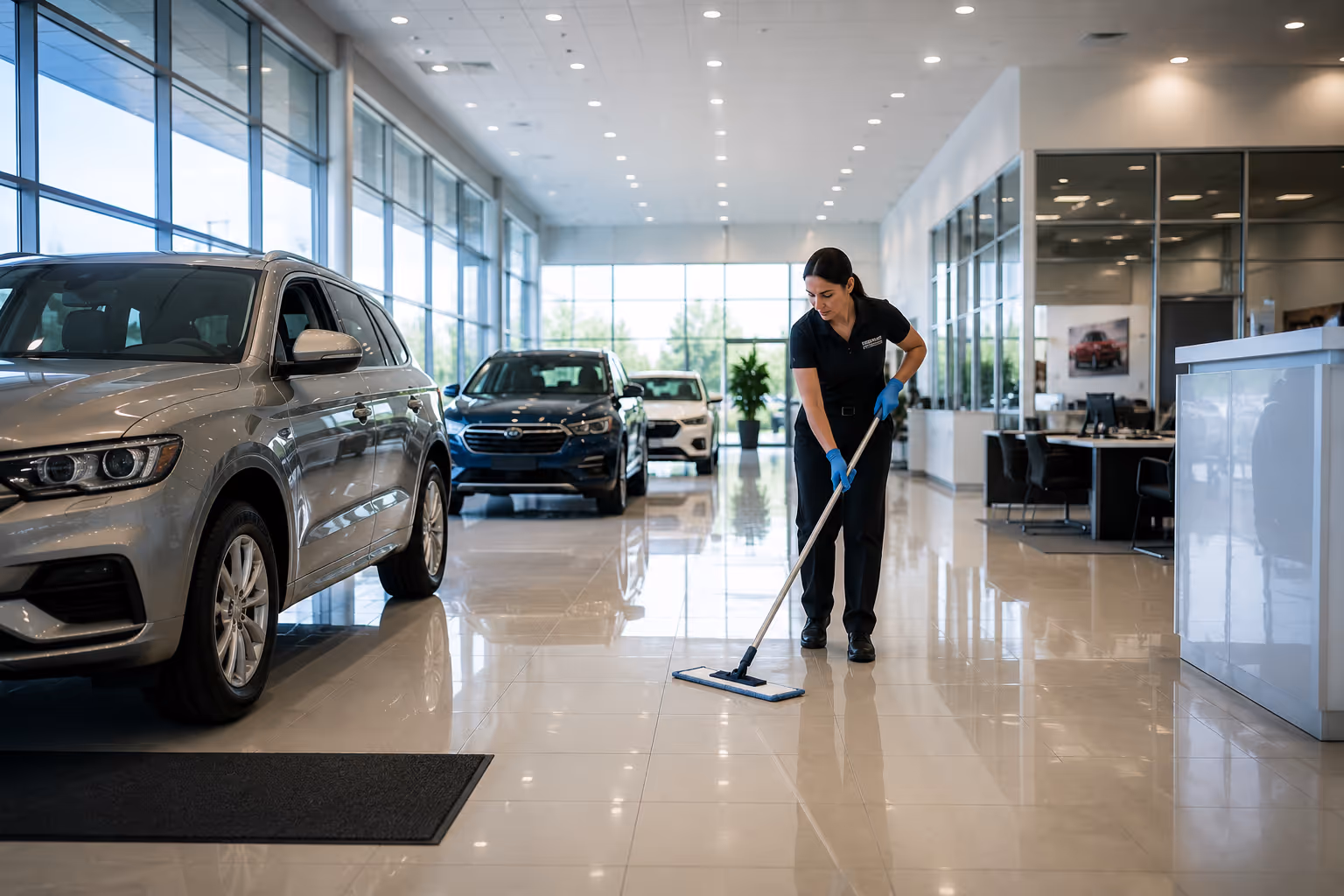 A woman wearing gloves is cleaning the floor with a mop in a bright, modern car showroom with several cars on display.