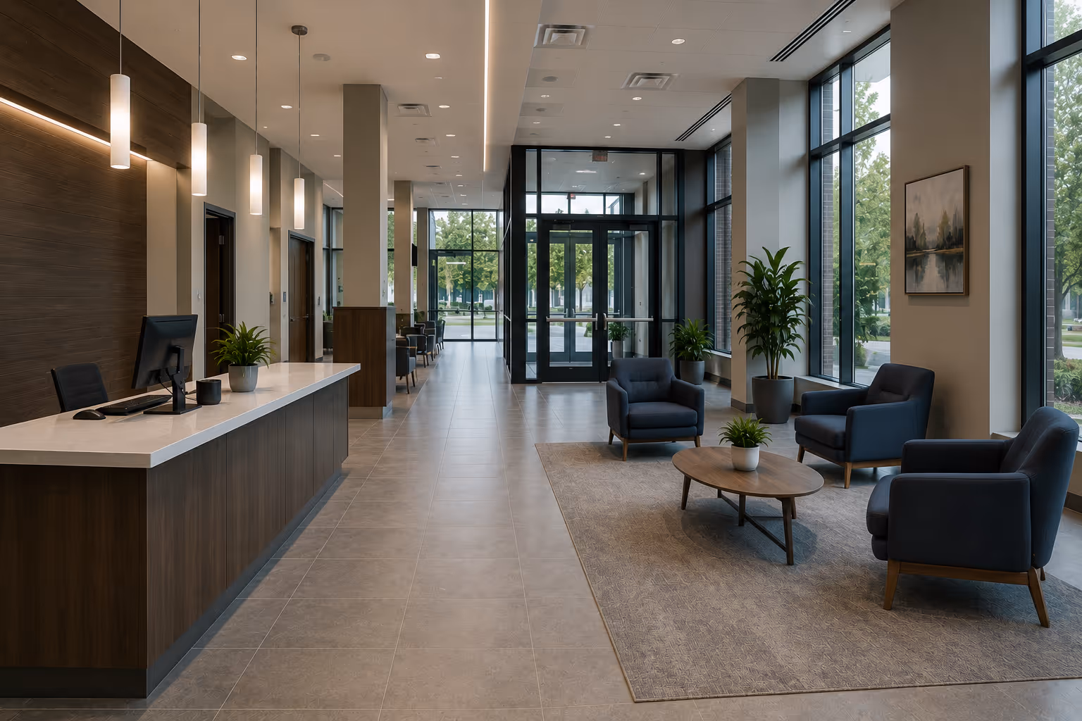 Modern bank lobby with a reception desk, blue armchairs around a wooden coffee table, large windows, and indoor plants.