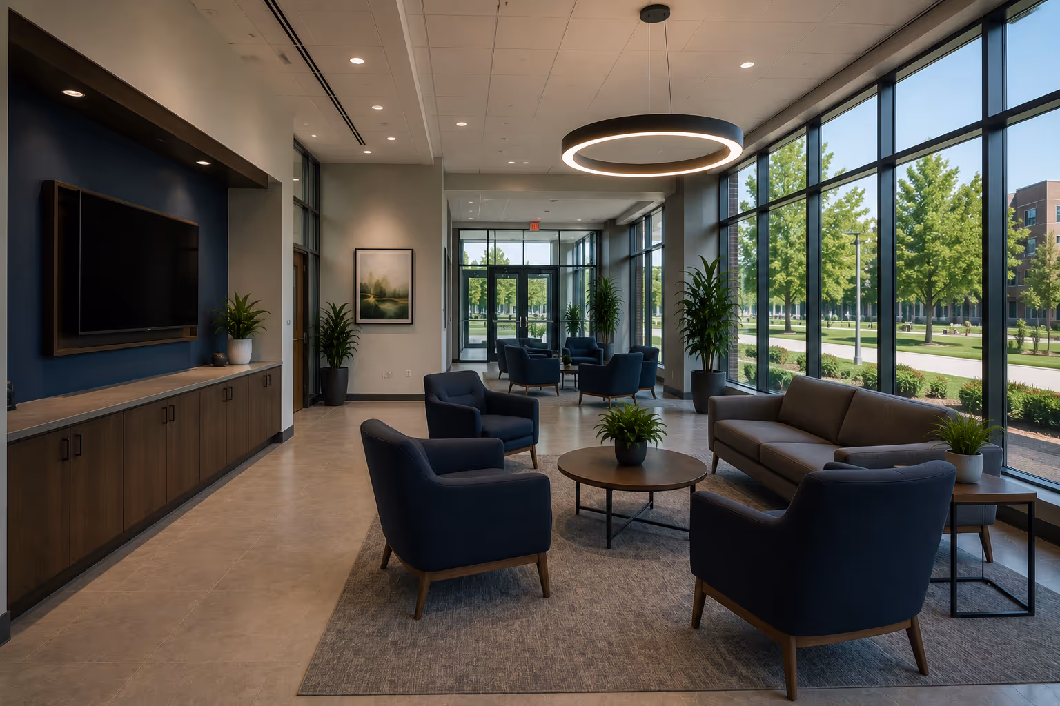 Modern lounge area with blue armchairs, a gray sofa, round coffee tables with plants, large windows, and a large circular ceiling light.