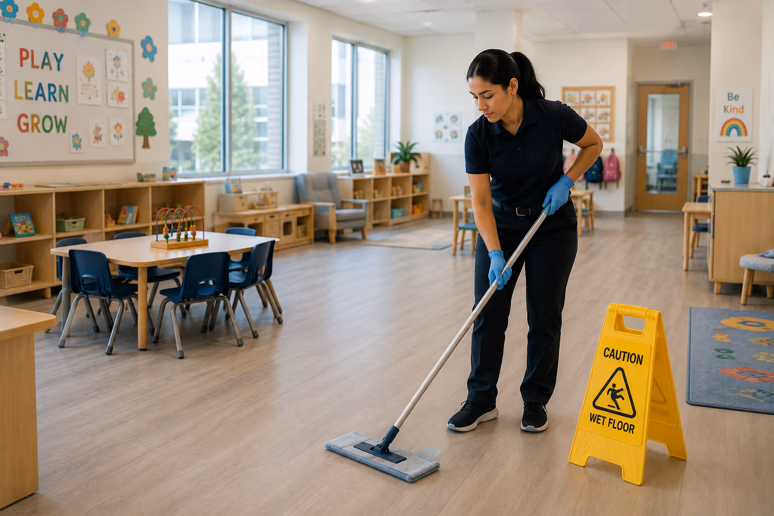 Woman in gloves mopping floor in a brightly decorated classroom with a caution wet floor sign nearby.