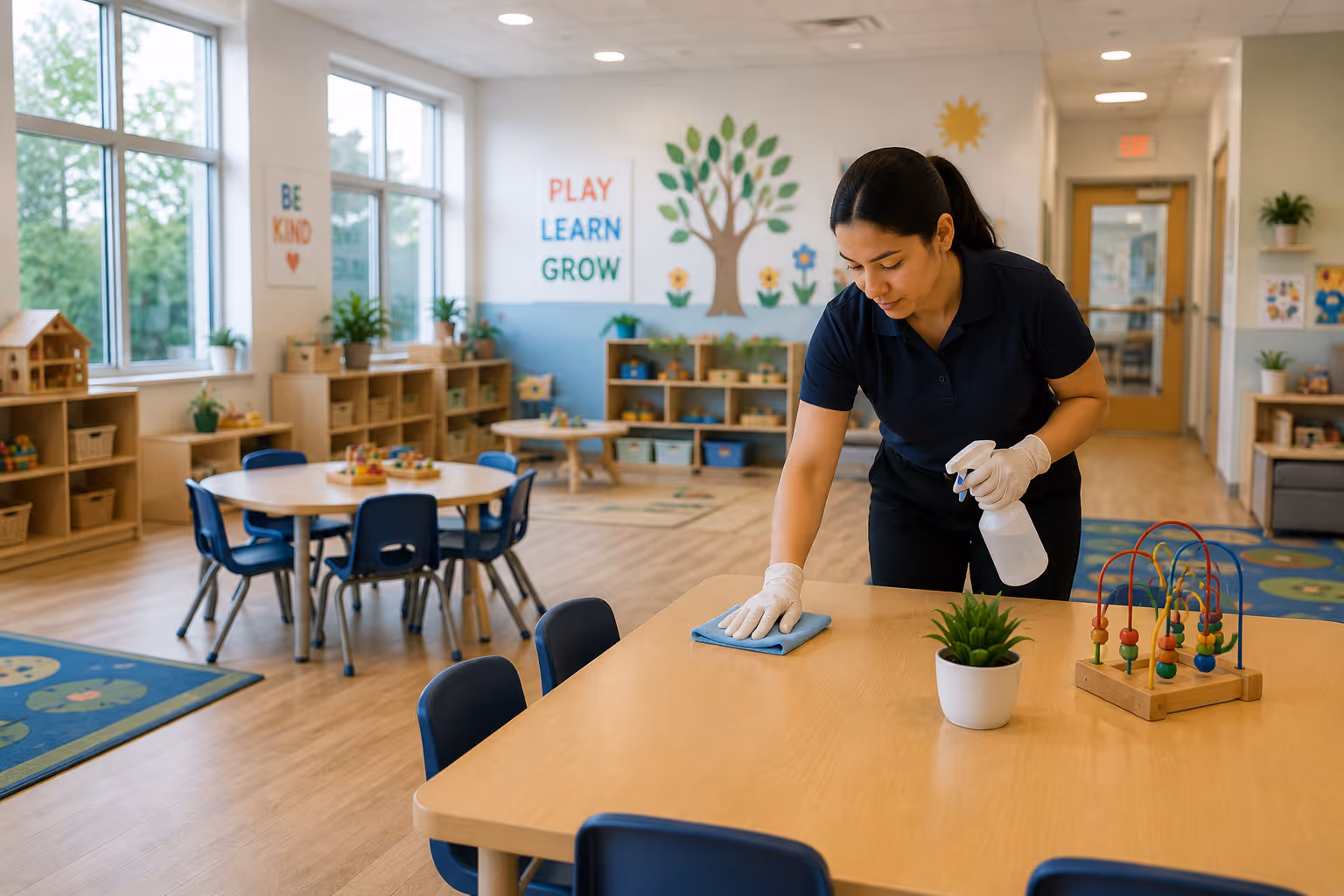 Woman wearing gloves cleaning a table with a spray bottle and cloth in a bright, colorful preschool classroom.