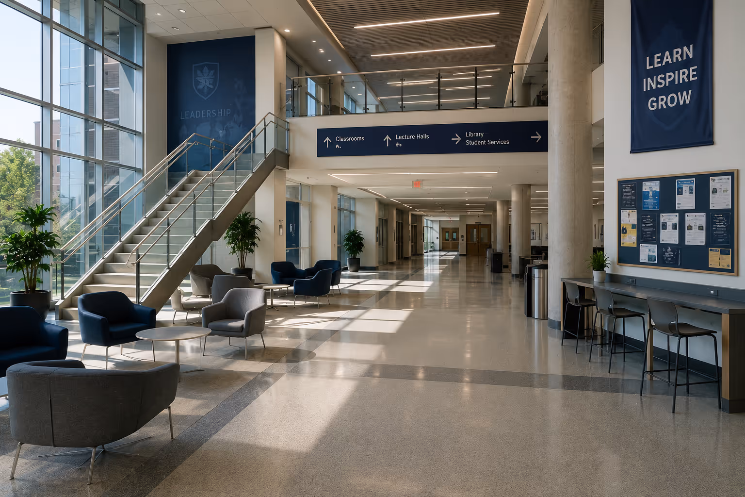 Bright college building lobby with seating area, stairway, large windows, and directional signs for classrooms, lecture halls, library, and student services.